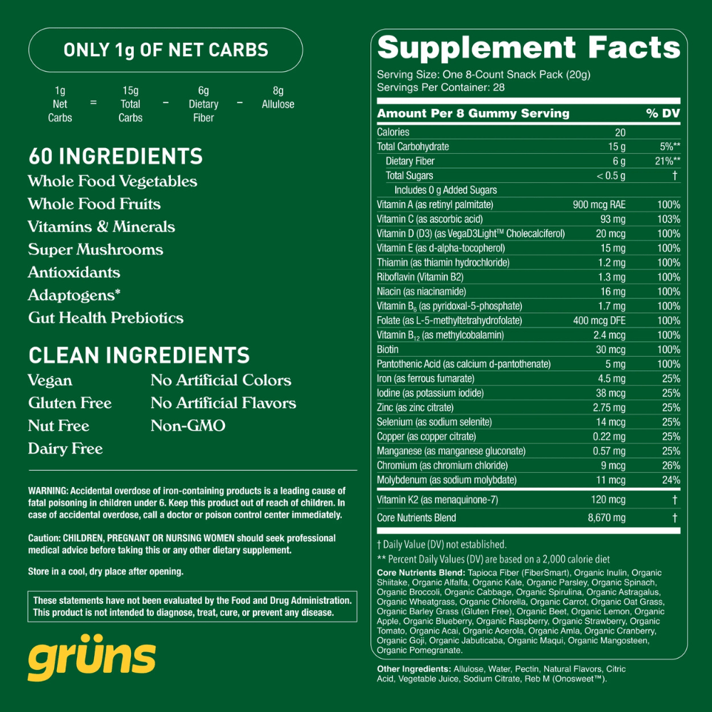Gruns Superfoods Greens Gummies - Grünny Smith Apple - Sugar Free - Fuel Goods