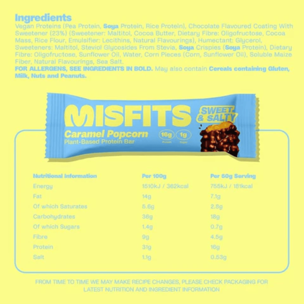Misfits Plant Based Protein Bar - Caramel Popcorn - Fuel Goods